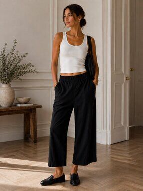 Classic Black Wide Leg Cropped Pants | Pull-On Relaxed Fit | Minimalist Chic